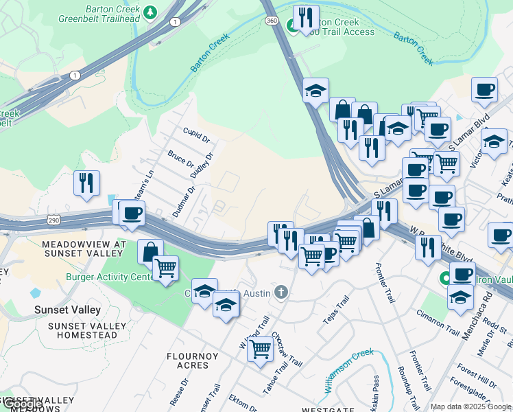 map of restaurants, bars, coffee shops, grocery stores, and more near 4400 West Gate Boulevard in Austin