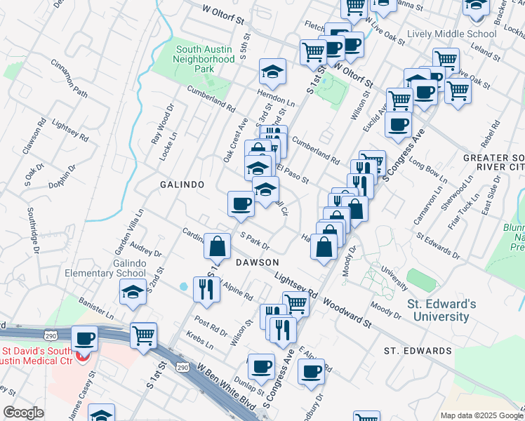 map of restaurants, bars, coffee shops, grocery stores, and more near 3001 South 1st Street in Austin