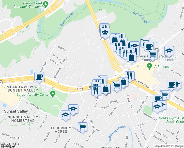 map of restaurants, bars, coffee shops, grocery stores, and more near 4400 West Gate Boulevard in Austin