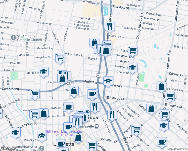 map of restaurants, bars, coffee shops, grocery stores, and more near 316 Hobson Street in Lafayette