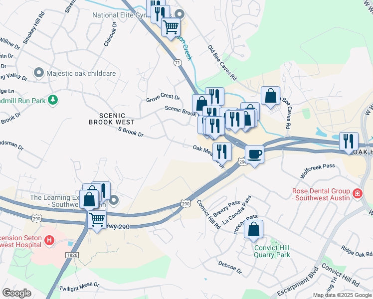 map of restaurants, bars, coffee shops, grocery stores, and more near 7305 Oak Meadow Drive in Austin