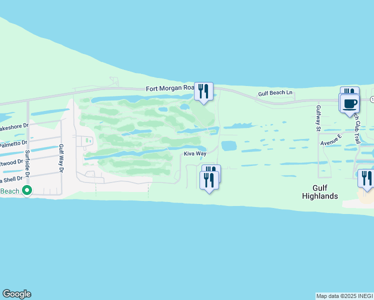 map of restaurants, bars, coffee shops, grocery stores, and more near 7791 Kiva Way in Gulf Shores