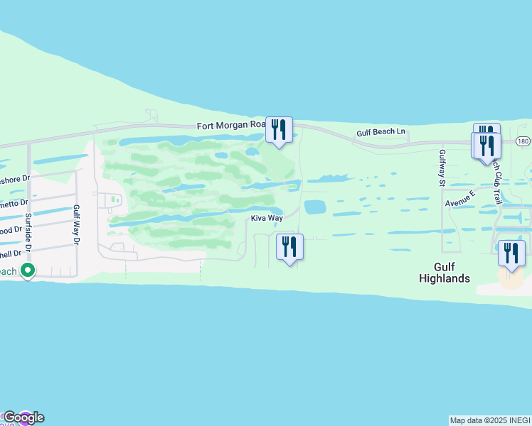 map of restaurants, bars, coffee shops, grocery stores, and more near 7861 Kiva Way in Gulf Shores