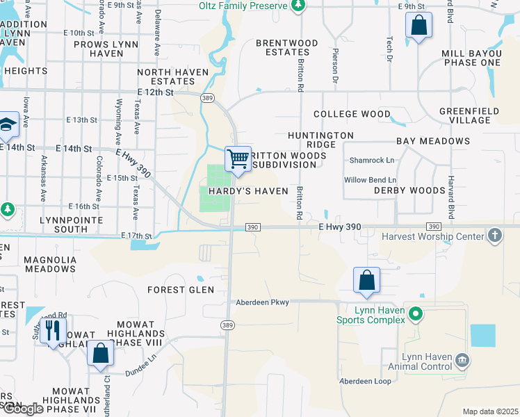 map of restaurants, bars, coffee shops, grocery stores, and more near 1740 Erno Street in Lynn Haven