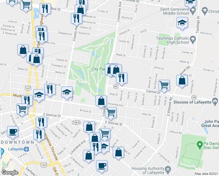 map of restaurants, bars, coffee shops, grocery stores, and more near 100 Carmel Drive in Lafayette