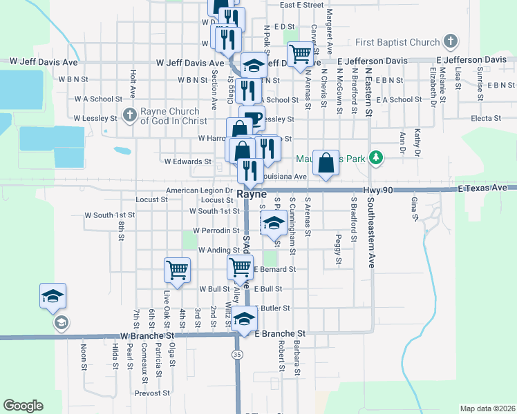 map of restaurants, bars, coffee shops, grocery stores, and more near 220 South Polk Street in Rayne