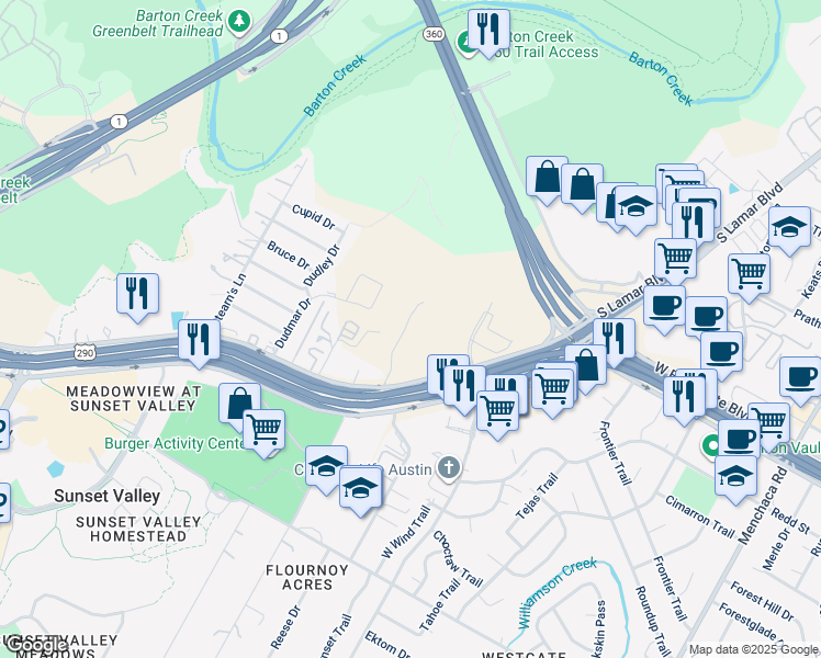 map of restaurants, bars, coffee shops, grocery stores, and more near 4400 West Gate Boulevard in Austin