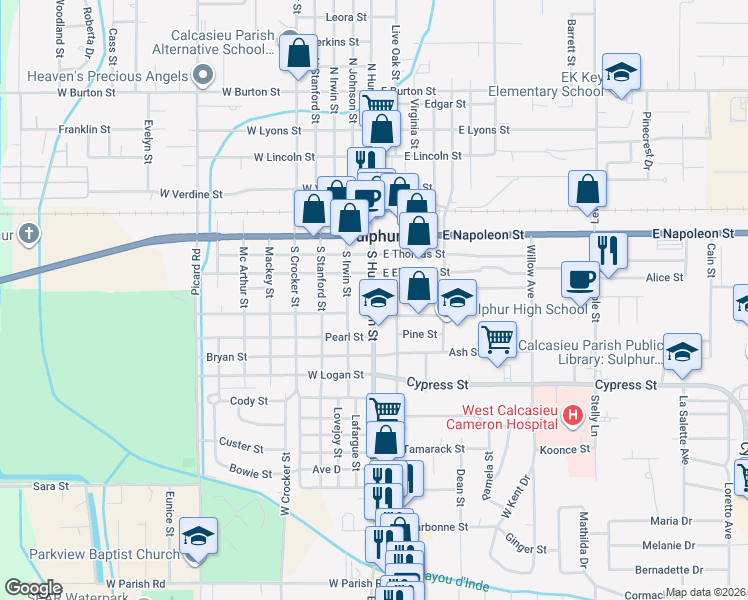 map of restaurants, bars, coffee shops, grocery stores, and more near 540 South Huntington Street in Sulphur