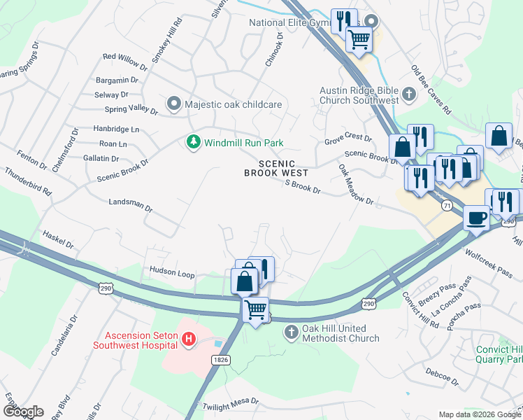 map of restaurants, bars, coffee shops, grocery stores, and more near 7198 Timberwood St in Austin