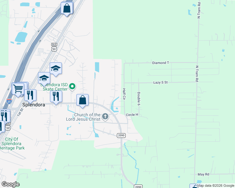 map of restaurants, bars, coffee shops, grocery stores, and more near 14461 Splenwood Dr in Splendora