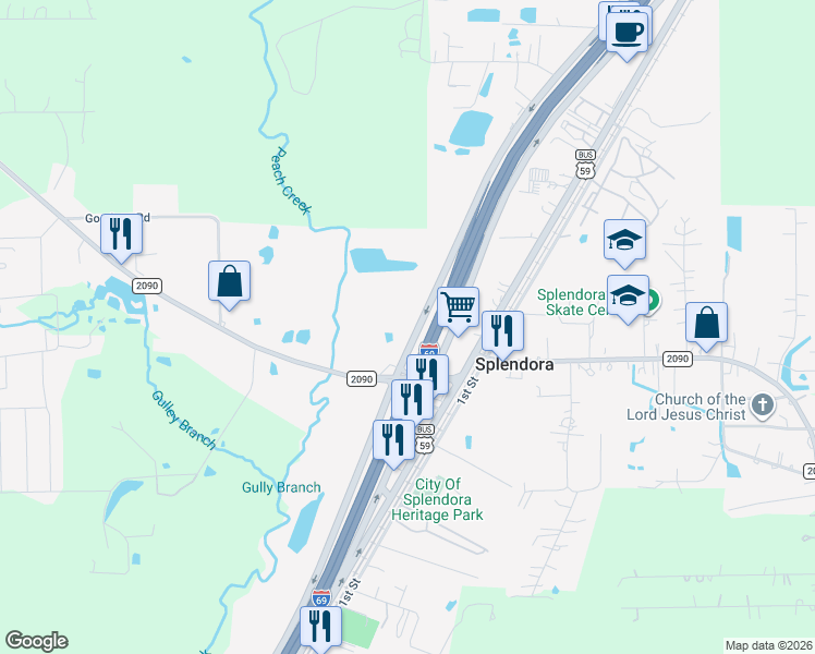 map of restaurants, bars, coffee shops, grocery stores, and more near 14550 U.S. 59 in Splendora