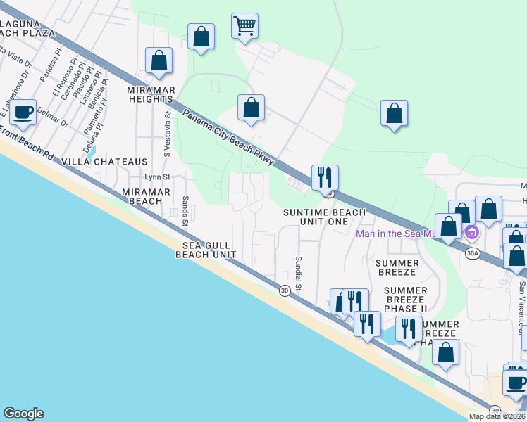 map of restaurants, bars, coffee shops, grocery stores, and more near 17620 Front Beach Road in Panama City Beach