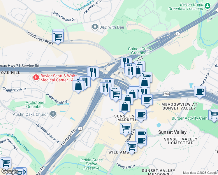 map of restaurants, bars, coffee shops, grocery stores, and more near 7101 South MoPac Expressway in Austin