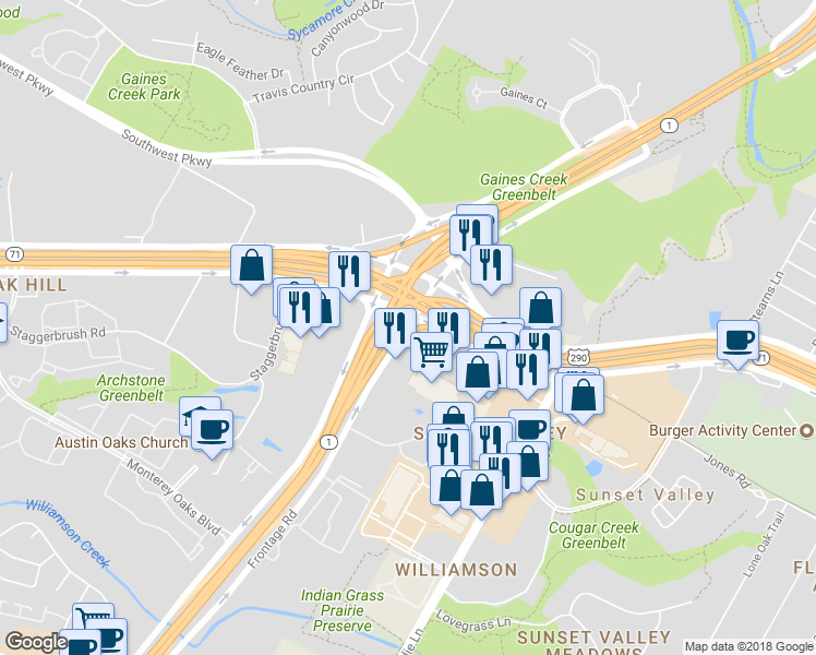 map of restaurants, bars, coffee shops, grocery stores, and more near 7101 South MoPac Expressway in Austin