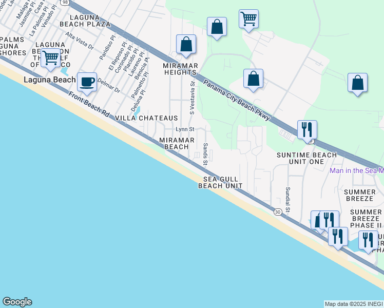 map of restaurants, bars, coffee shops, grocery stores, and more near 17792 Front Beach Road in Panama City