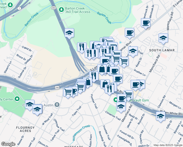 map of restaurants, bars, coffee shops, grocery stores, and more near S Lamar Blvd & W Ben White Blvd in Austin