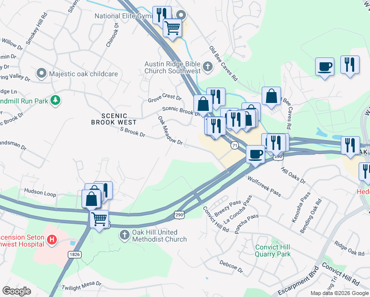 map of restaurants, bars, coffee shops, grocery stores, and more near 7307 Oak Meadow Drive in Austin