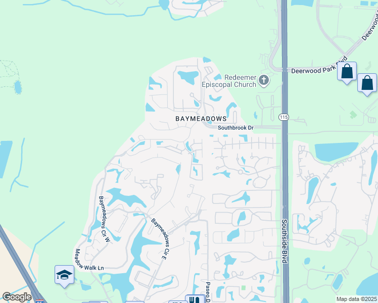 map of restaurants, bars, coffee shops, grocery stores, and more near 7595 Baymeadows Circle West in Jacksonville