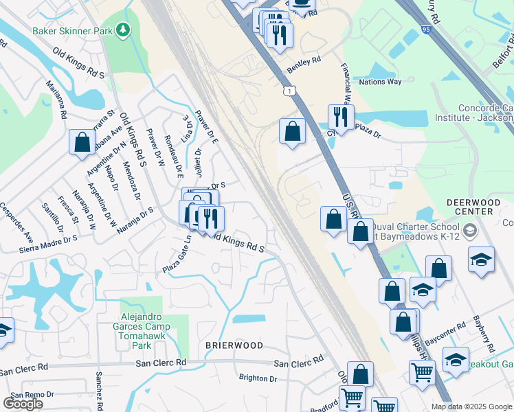 map of restaurants, bars, coffee shops, grocery stores, and more near 8108 San Jose Manor Drive East in Jacksonville