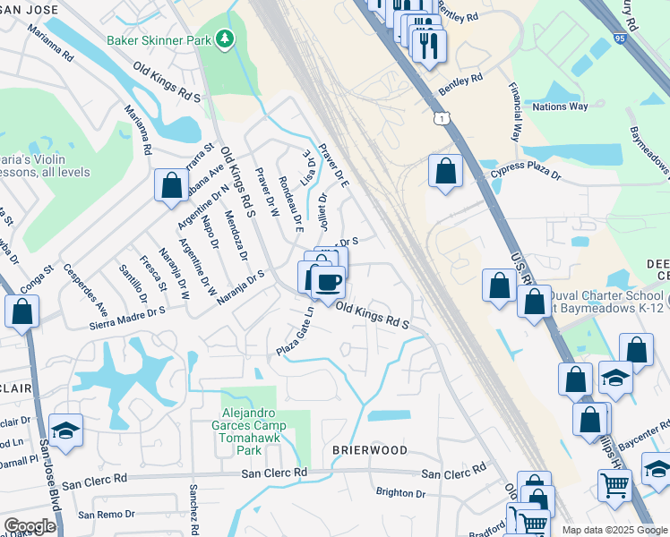 map of restaurants, bars, coffee shops, grocery stores, and more near 4711 San Jose Manor Drive West in Jacksonville
