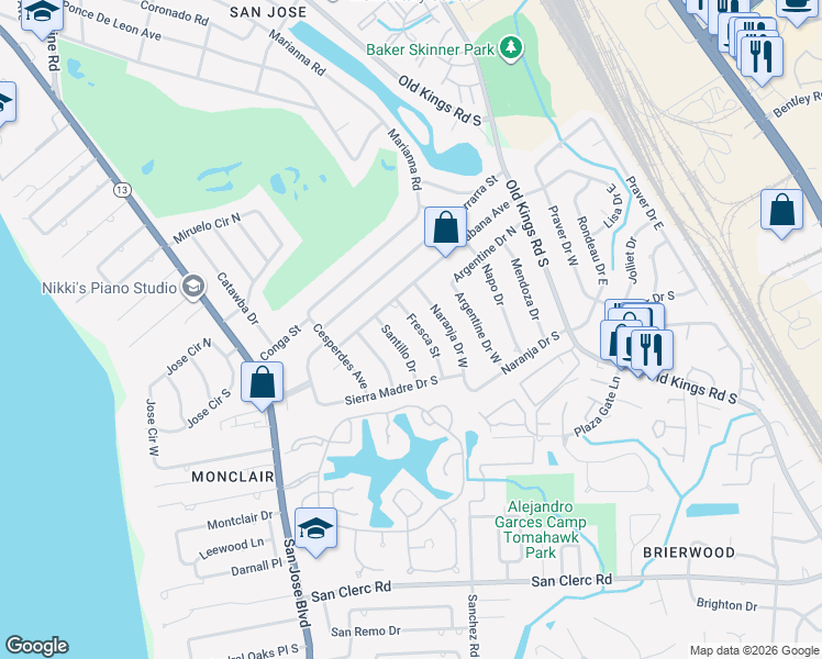 map of restaurants, bars, coffee shops, grocery stores, and more near 8047 Santillo Drive in Jacksonville