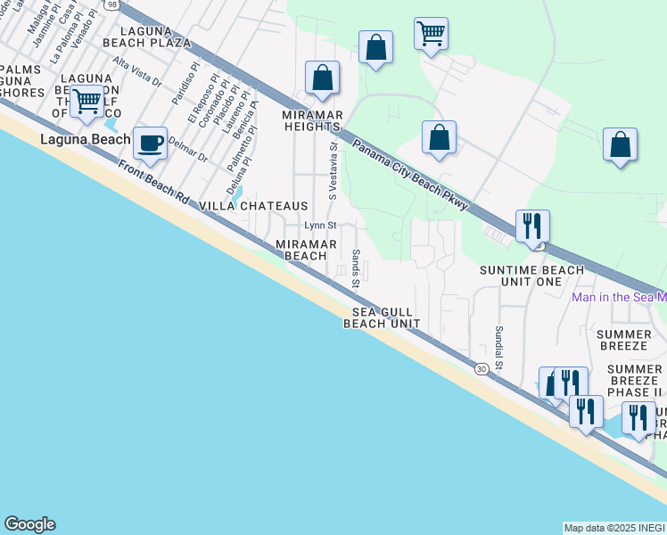 map of restaurants, bars, coffee shops, grocery stores, and more near 17792 Front Beach Road in Panama City