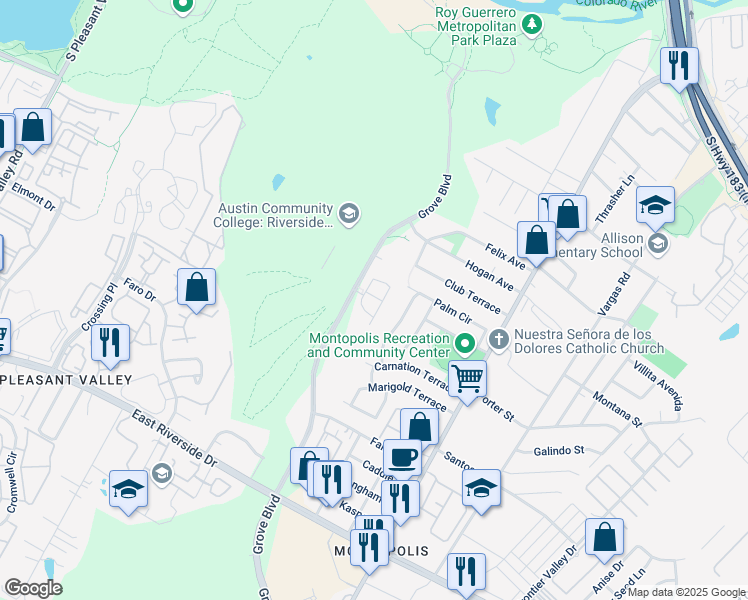 map of restaurants, bars, coffee shops, grocery stores, and more near 1201 Grove Boulevard in Austin