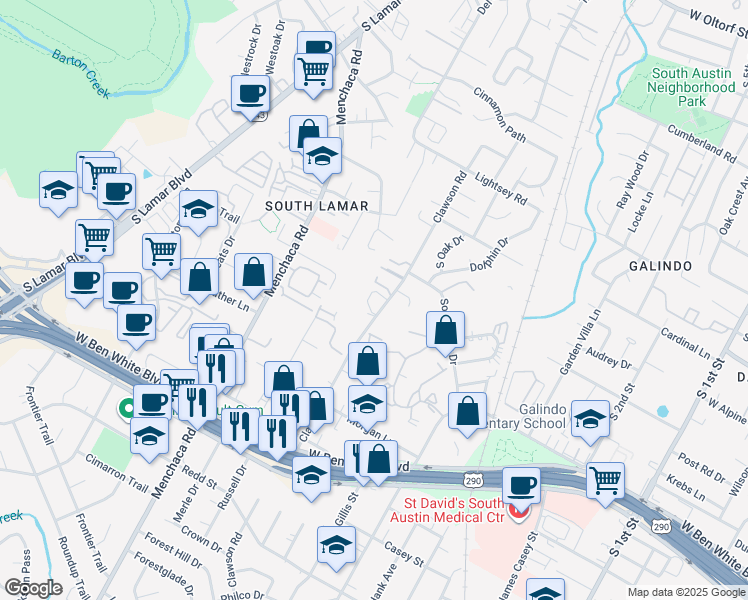 map of restaurants, bars, coffee shops, grocery stores, and more near 3700 Clawson Road in Austin
