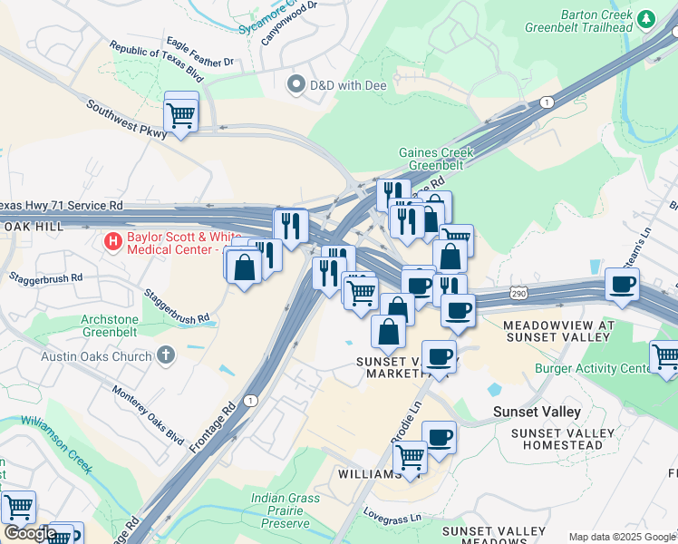 map of restaurants, bars, coffee shops, grocery stores, and more near 5033a West US Highway 290 Service Road in Austin