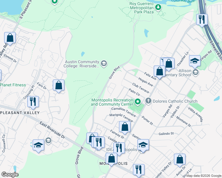 map of restaurants, bars, coffee shops, grocery stores, and more near 1201 Grove Boulevard in Austin