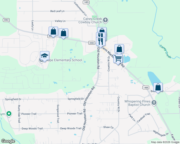 map of restaurants, bars, coffee shops, grocery stores, and more near 14848 Old Houston Road in Conroe