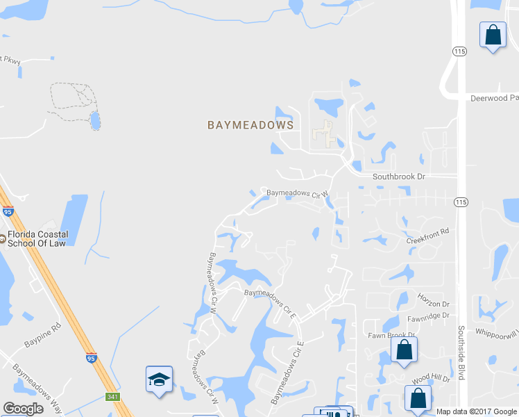 map of restaurants, bars, coffee shops, grocery stores, and more near 7620 Baymeadows Circle West in Jacksonville
