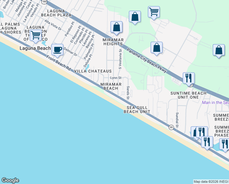 map of restaurants, bars, coffee shops, grocery stores, and more near 17792 Front Beach Road in Panama City