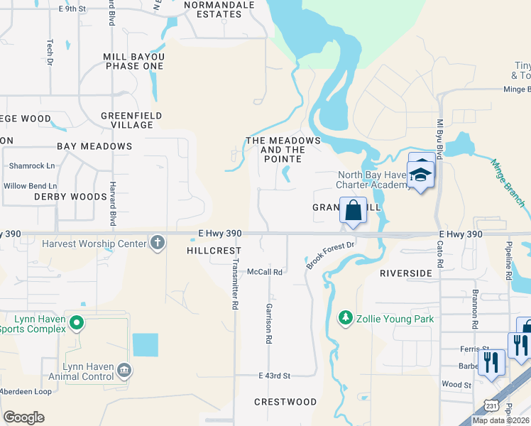 map of restaurants, bars, coffee shops, grocery stores, and more near 103 Lakeview Terrace in Lynn Haven
