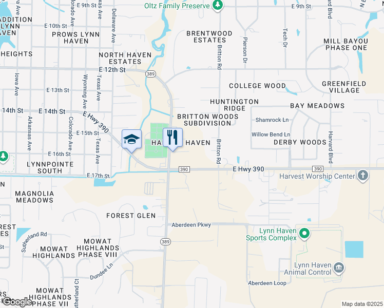 map of restaurants, bars, coffee shops, grocery stores, and more near 1740 Erno Street in Lynn Haven