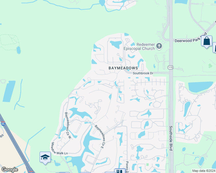 map of restaurants, bars, coffee shops, grocery stores, and more near 7595-5 Baymeadows Ap in Jacksonville