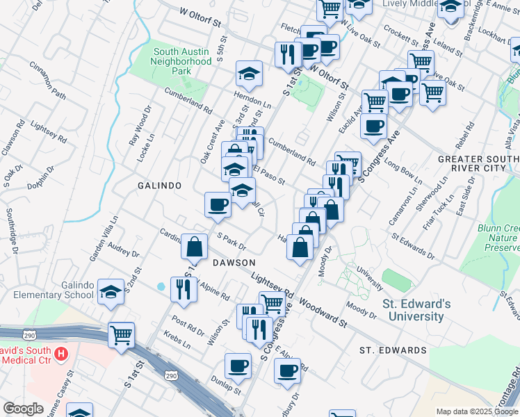 map of restaurants, bars, coffee shops, grocery stores, and more near 599 Powell Circle in Austin