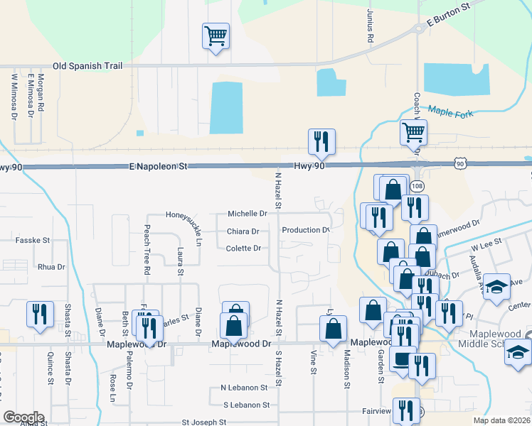 map of restaurants, bars, coffee shops, grocery stores, and more near Michelle Drive in Sulphur