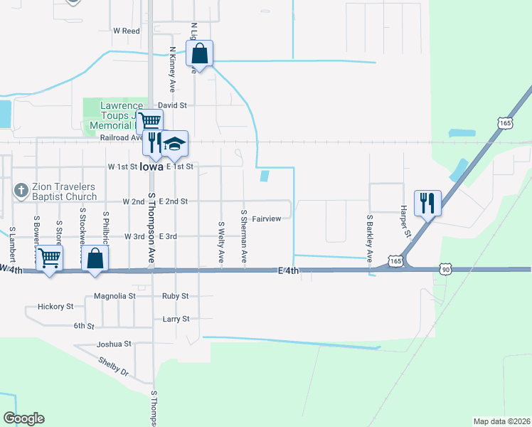 map of restaurants, bars, coffee shops, grocery stores, and more near 608 Fairview in Iowa