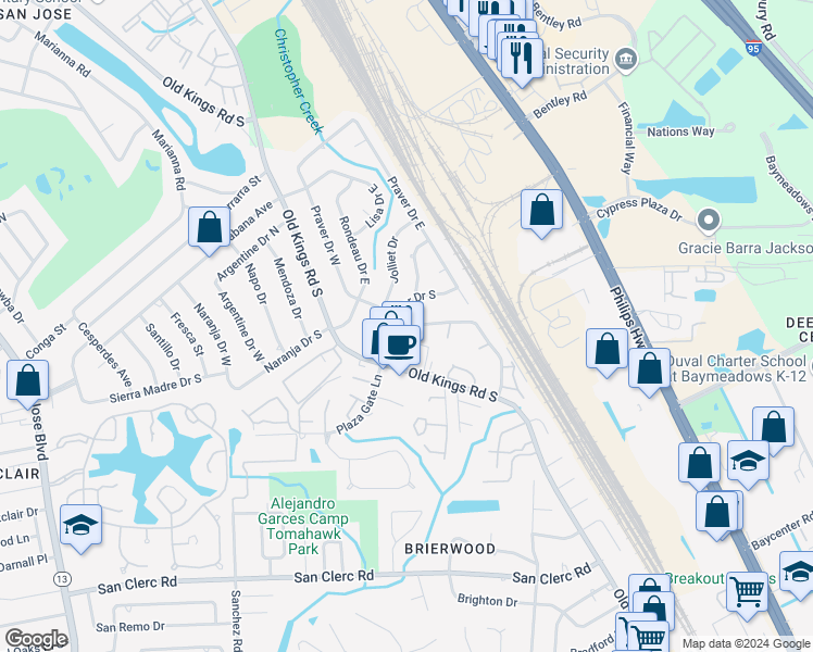 map of restaurants, bars, coffee shops, grocery stores, and more near 4711 San Jose Manor Drive West in Jacksonville
