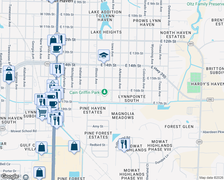map of restaurants, bars, coffee shops, grocery stores, and more near 1600 Iowa Avenue in Lynn Haven