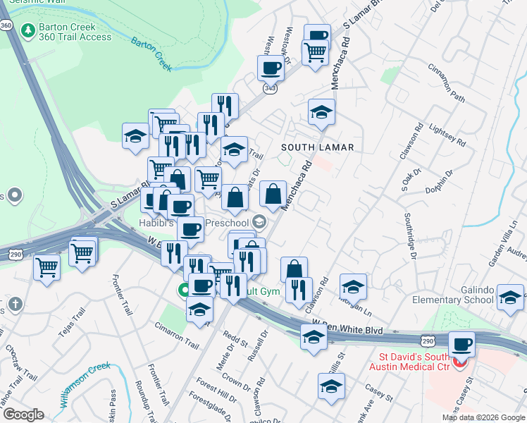 map of restaurants, bars, coffee shops, grocery stores, and more near 2008 Prather Lane in Austin