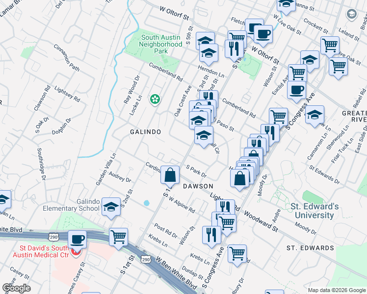 map of restaurants, bars, coffee shops, grocery stores, and more near 603 Peacock Lane in Austin