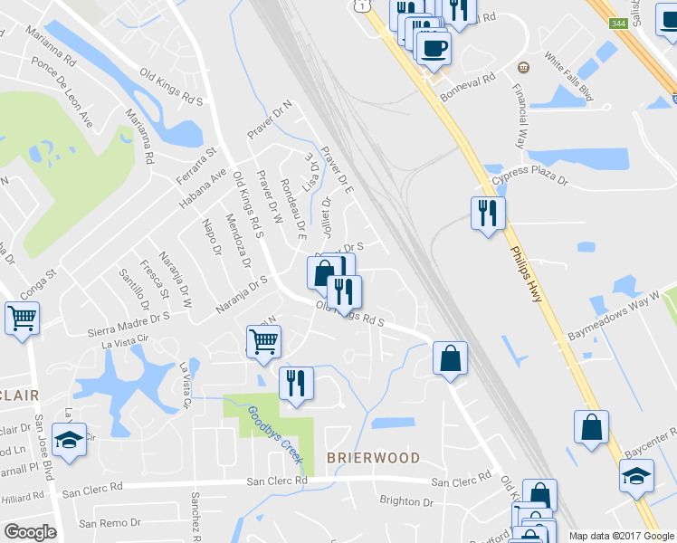 map of restaurants, bars, coffee shops, grocery stores, and more near 4711 San Jose Manor Drive West in Jacksonville