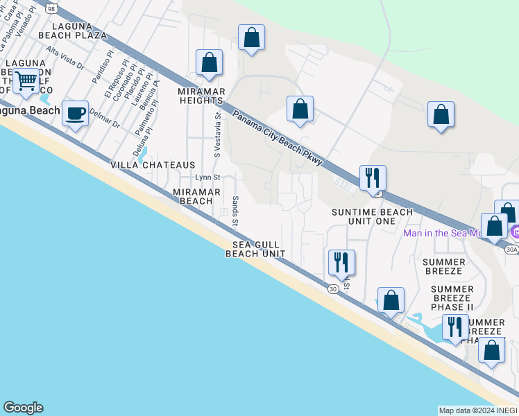 map of restaurants, bars, coffee shops, grocery stores, and more near 17680 Front Beach Road in Panama City Beach