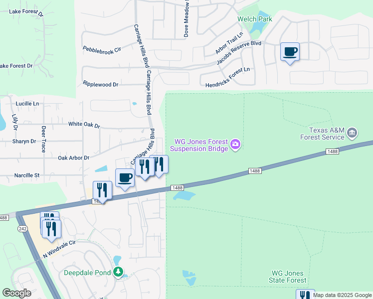 map of restaurants, bars, coffee shops, grocery stores, and more near 15619 Nature Trail in Conroe