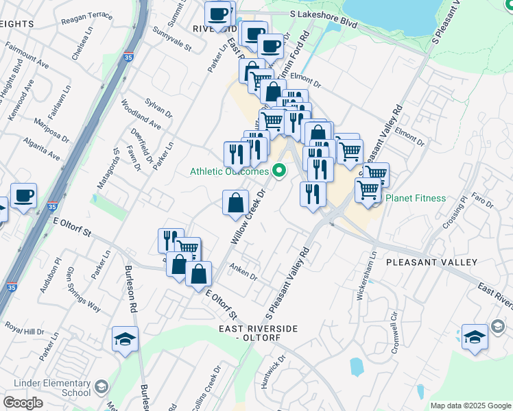 map of restaurants, bars, coffee shops, grocery stores, and more near 1901 Willow Creek Drive in Austin