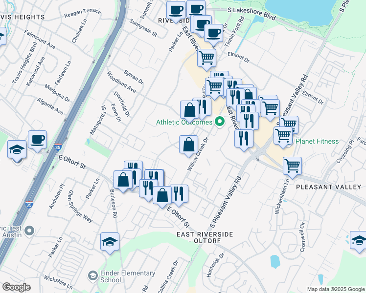 map of restaurants, bars, coffee shops, grocery stores, and more near 1845 Burton Drive in Austin