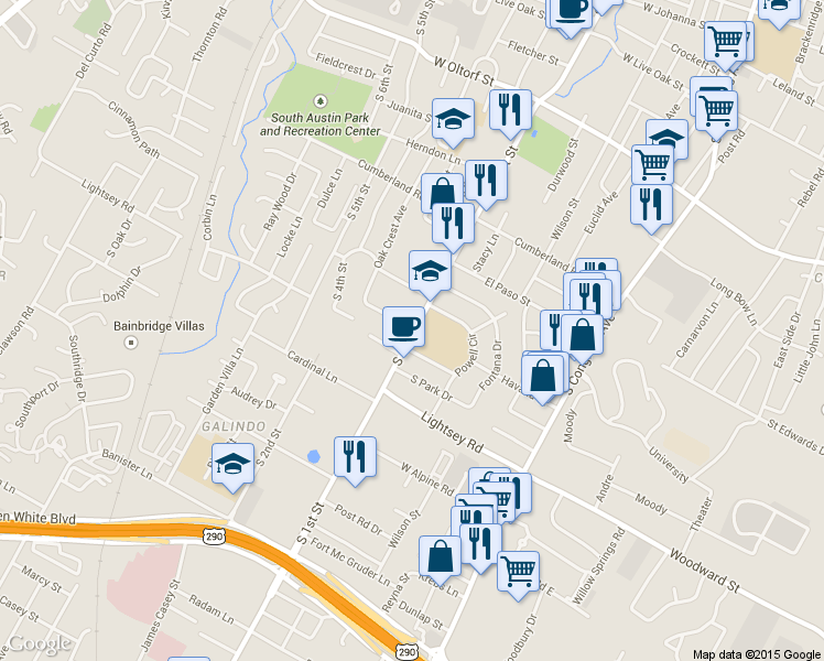 map of restaurants, bars, coffee shops, grocery stores, and more near 3001 South 1st Street in Austin