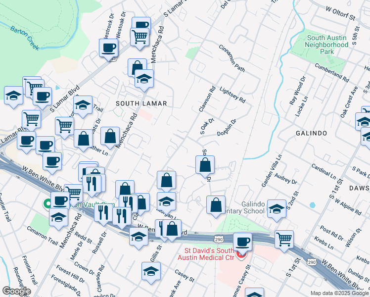 map of restaurants, bars, coffee shops, grocery stores, and more near 1600 Southgate Circle in Austin